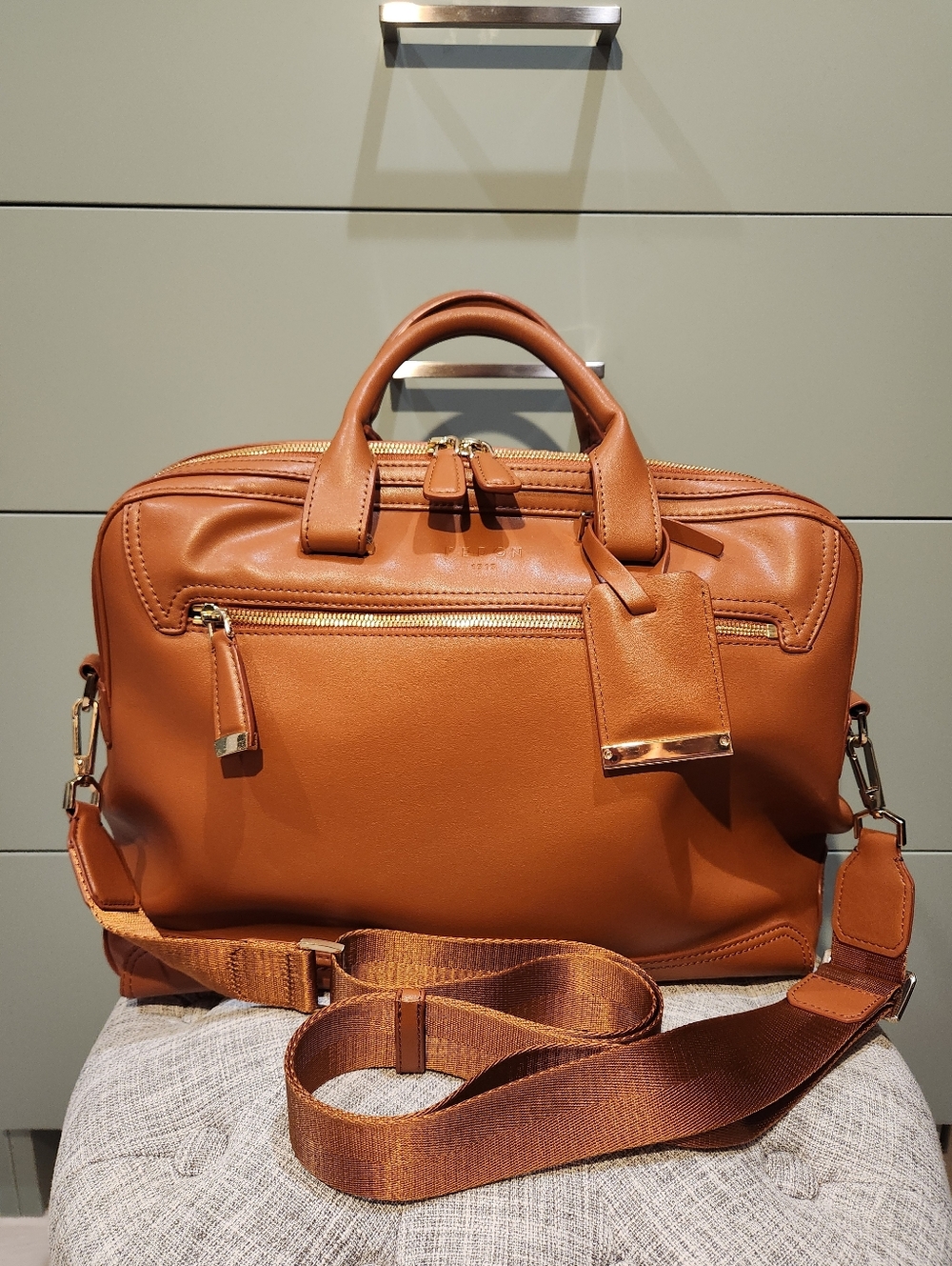 Fedon 1919 Leather Carry On Weekend Tote Bag in Cognac Brown